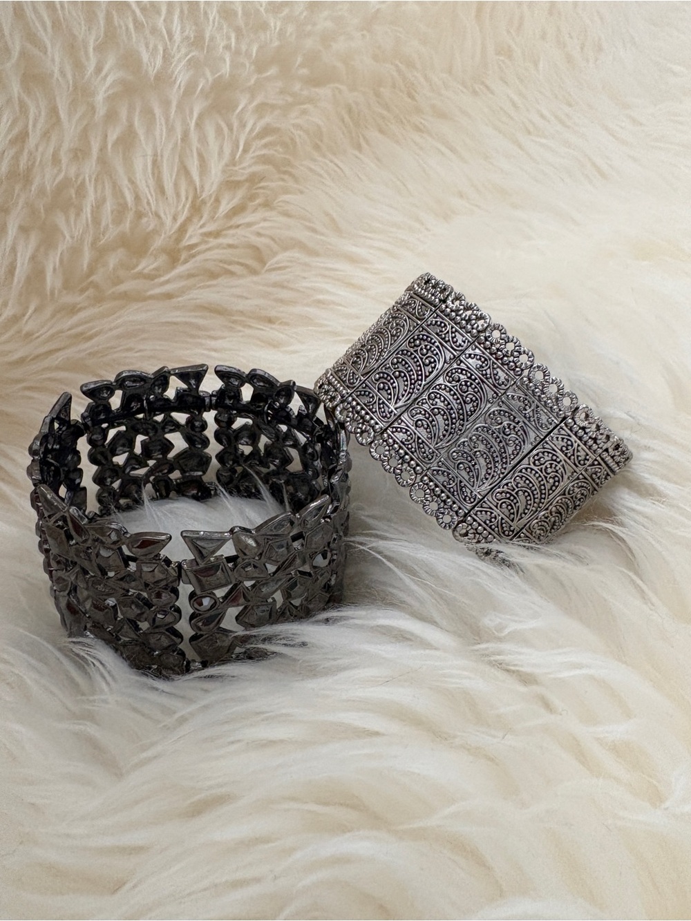 Intricate Silver-Tone and Gunmetal Women’s Stretch Bracelets - Set of 2